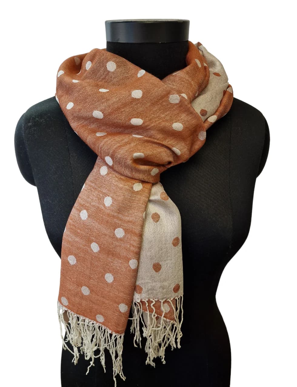 BROWN AND WHITE SILK SCARF WITH POLKA DOTS