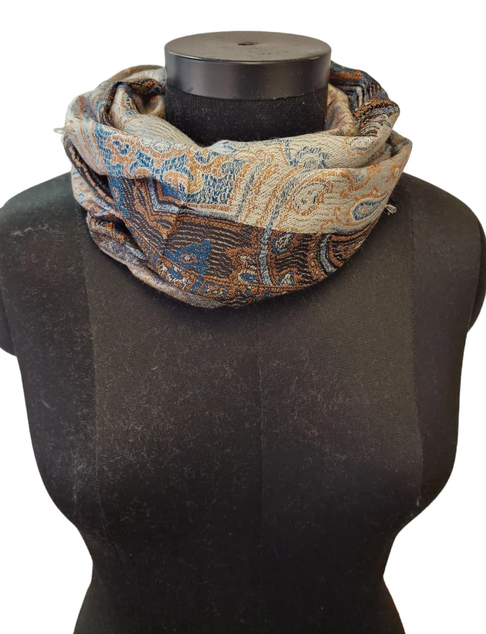SILVER BLACK BEIGE AND BLUE JACQUARD WOVEN SILK SCARF