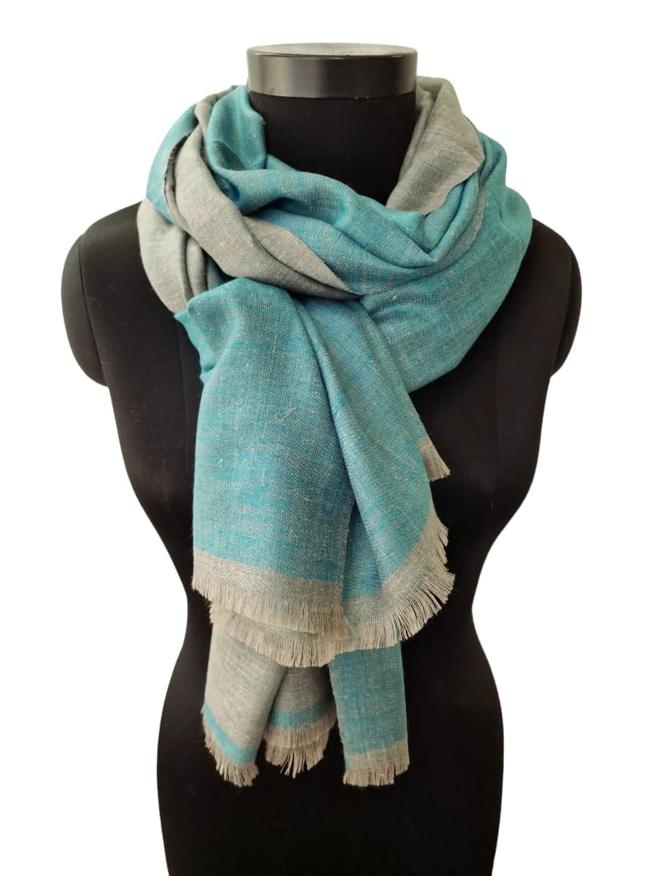 TWO-SIDED TURQUOISE AND SILVER GRAY PASHMINA SHAWL
