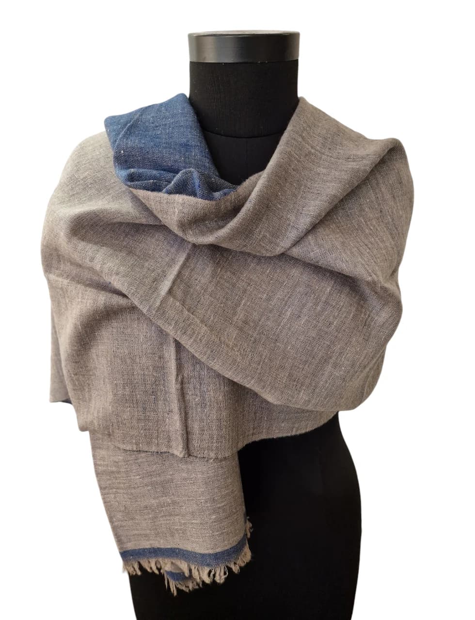 BLUE AND SILVER GRAY TWO-SIDED PASHMINA SHAWL