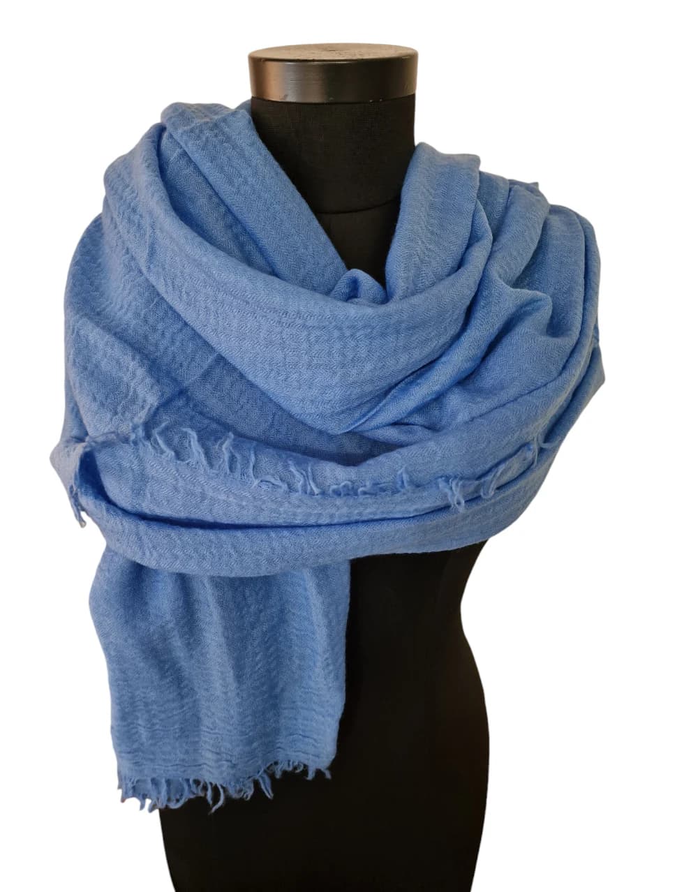 LARGE MEDIUM BLUE WOOLEN SCARF WITH COOL FRINGES