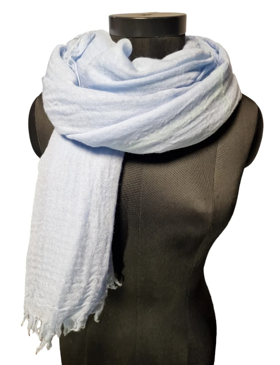LARGE BRIGHT LIGHT BLUE WOOLEN SCARF WITH ROUGH FRINGES