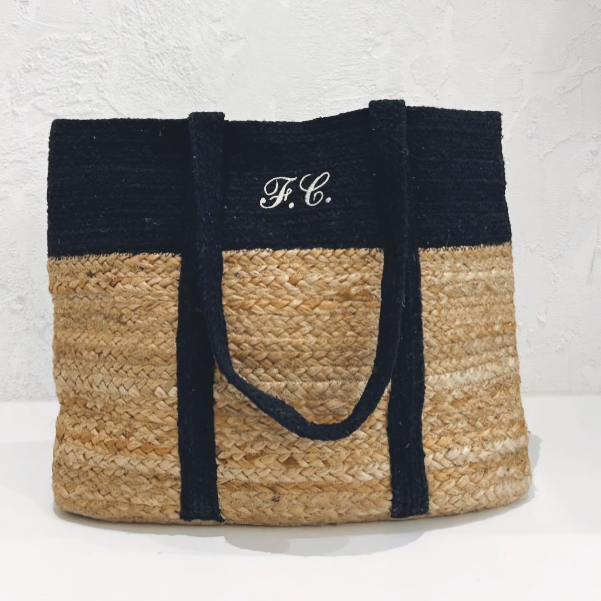 BLACK JUTE AND COTTON SHOPPER TOTE BAG