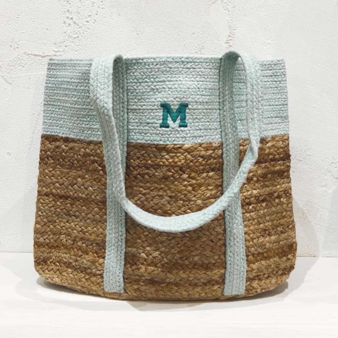 LIGHT BLUE JUTE AND COTTON SHOPPER TOTE BAG