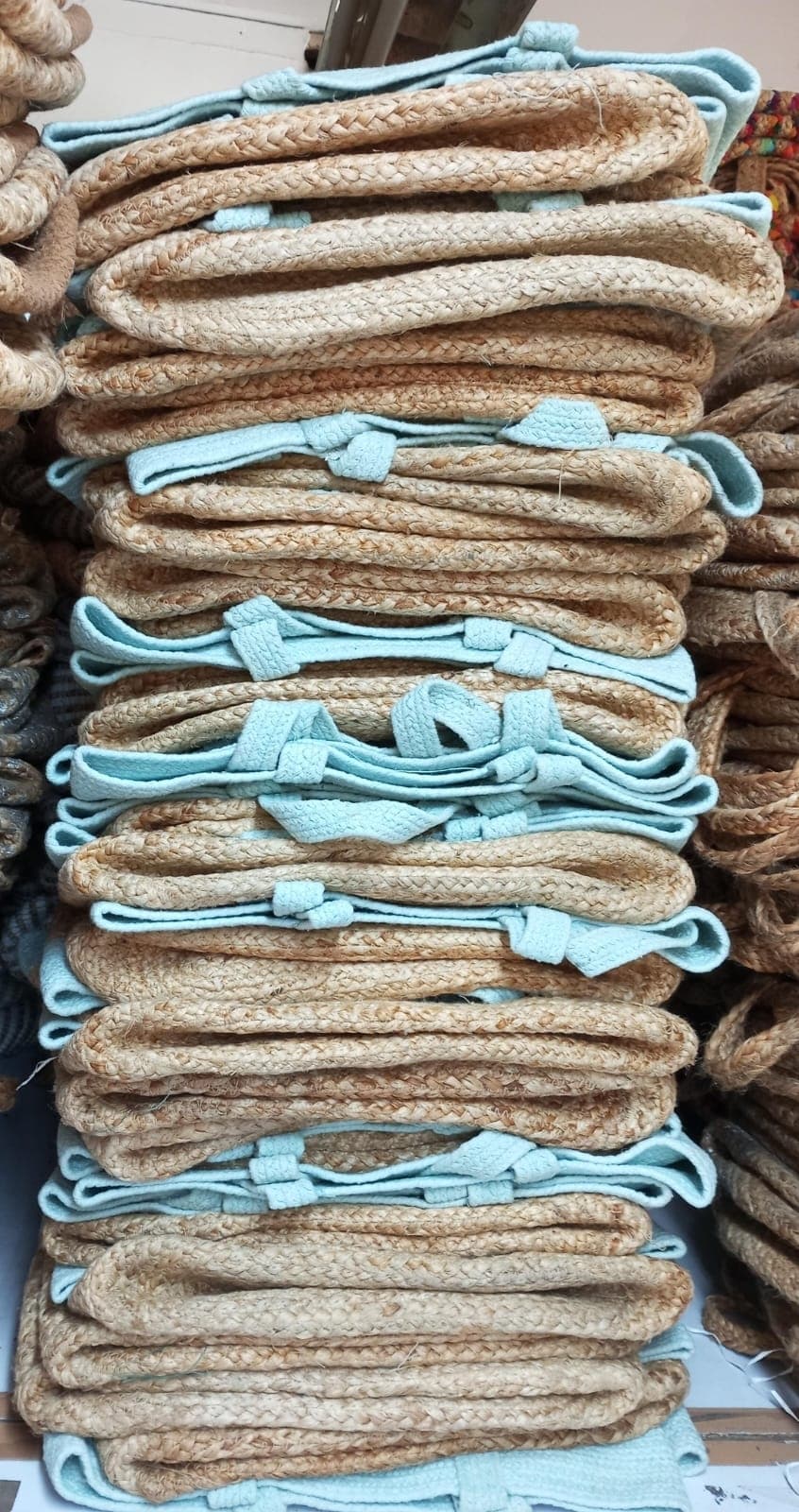 LIGHT BLUE JUTE AND COTTON SHOPPER TOTE BAG