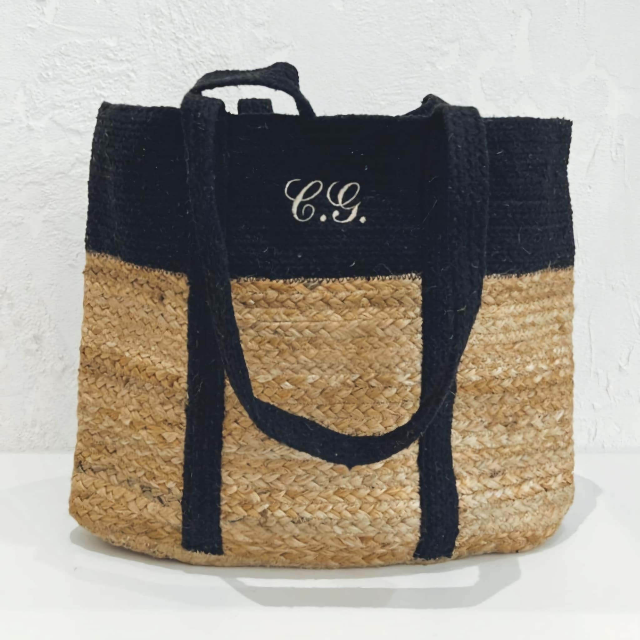 BLACK JUTE AND COTTON SHOPPER TOTE BAG