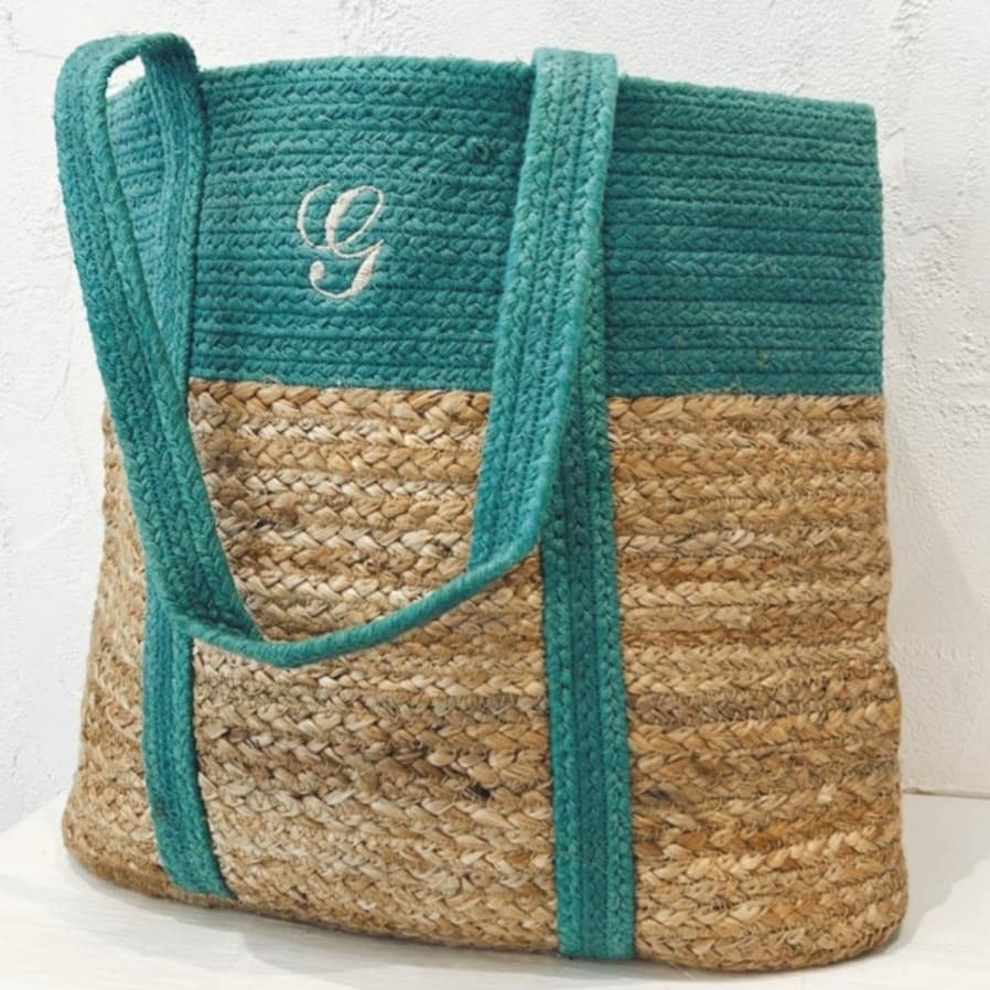 GREEN JUTE AND COTTON SHOPPER TOTE BAG