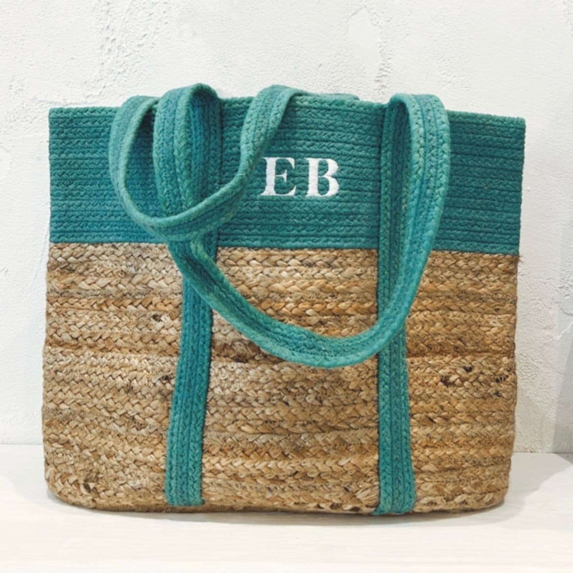 GREEN JUTE AND COTTON SHOPPER TOTE BAG