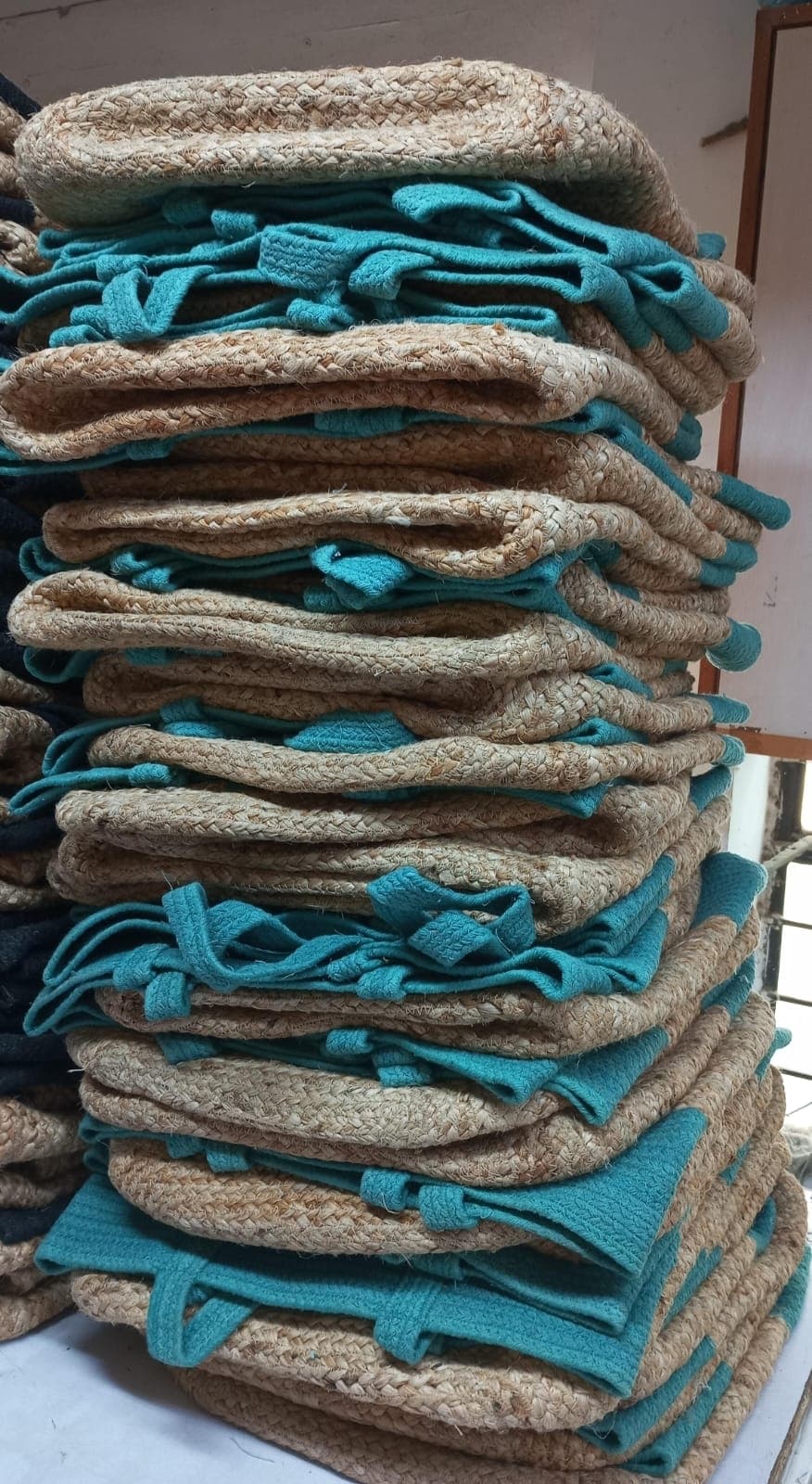 GREEN JUTE AND COTTON SHOPPER TOTE BAG