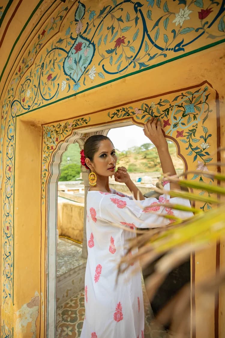 WHITE HARRIET DRESS WITH PINK HAND EMBROIDERY