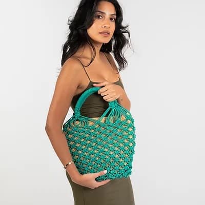 JASMINE COTTON CROCHET AND JUTE BUCKET BAG MINT