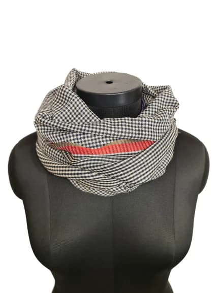 CASHMERE AND SILK SCARF WITH CHECKS AND STRIPES IN WHITE, BLUE AND BLACK