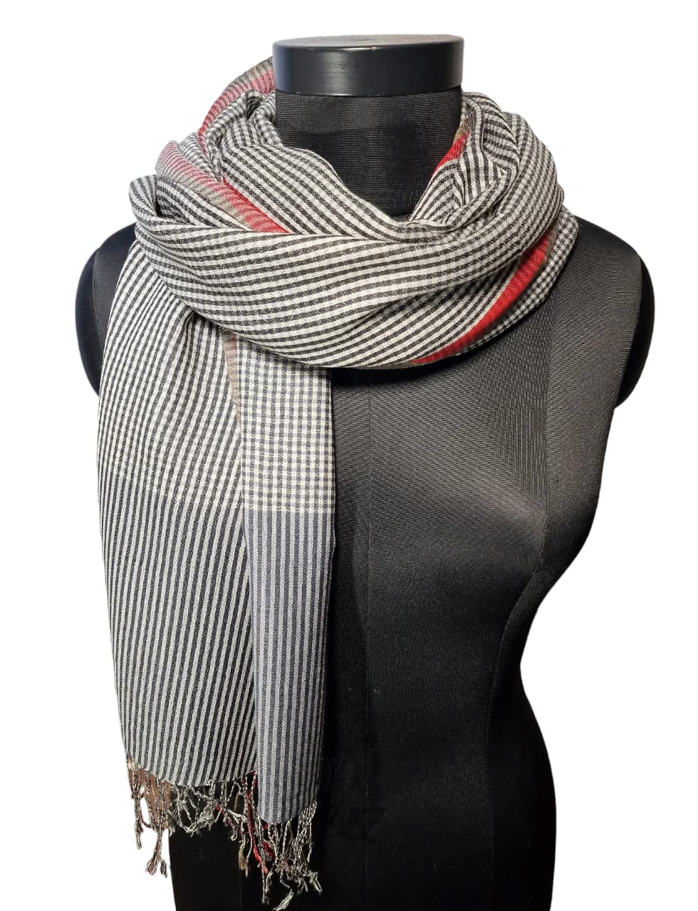 CASHMERE AND SILK SCARF WITH CHECKS AND STRIPES IN WHITE, BROWN AND GREY