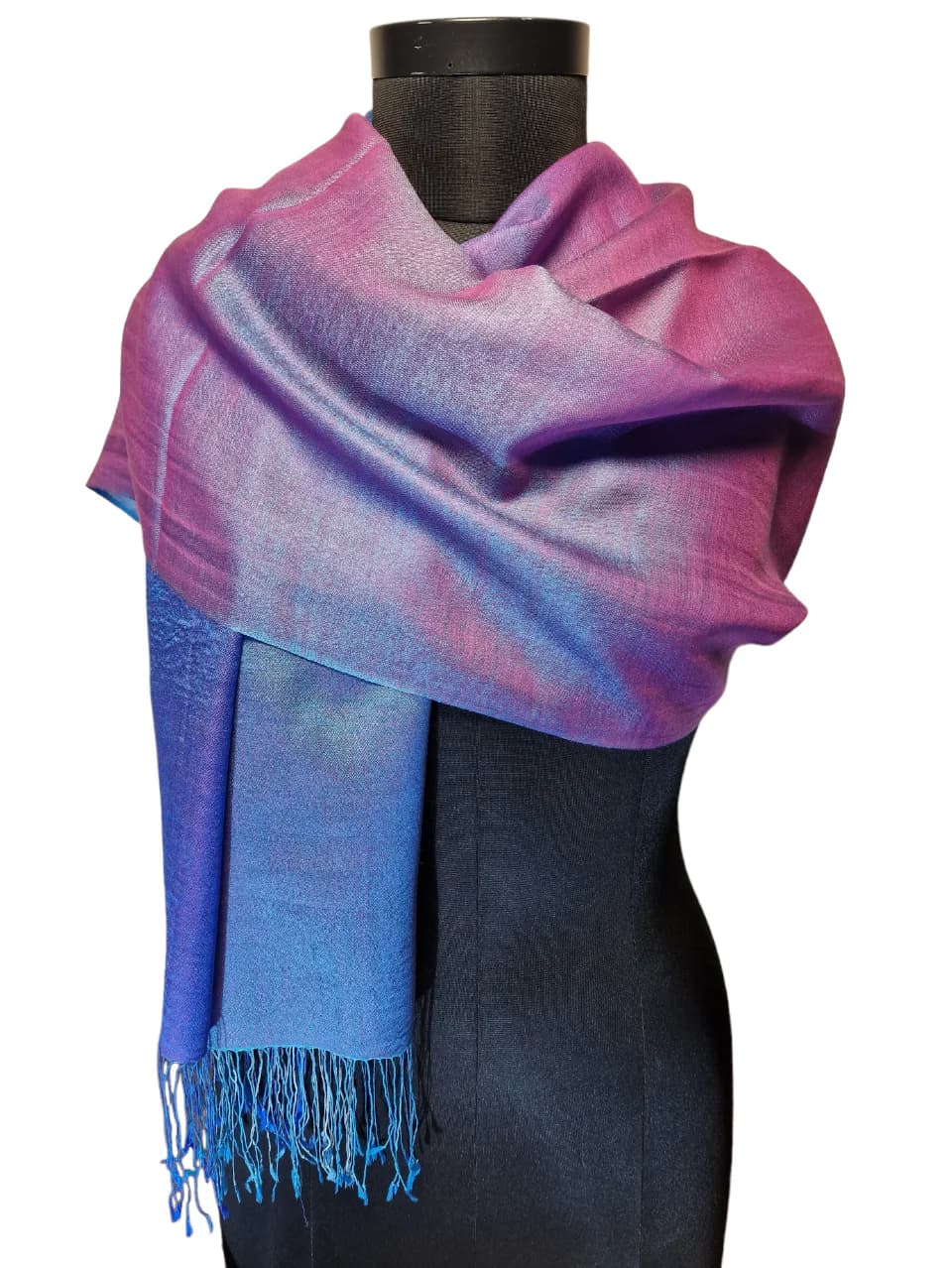 MULBERRY SILK AND CASHMERE SCARF IN RED/PINK/PURPLE AND BLUE