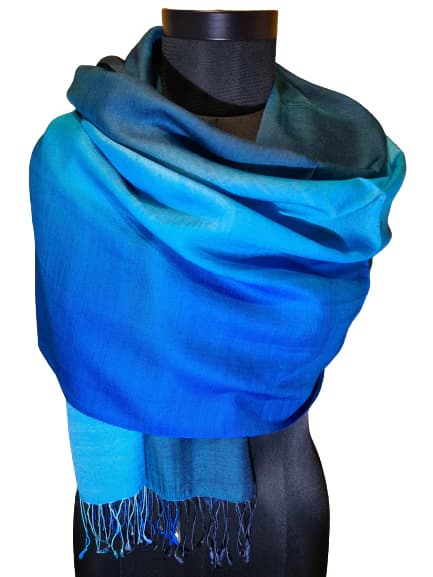 BEAUTIFUL CASHMERE/SILK SCARF IN PETROL/ TURQUOISE AND BLUE