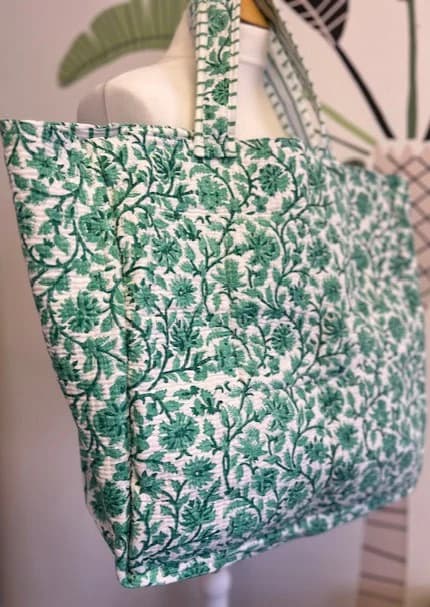 BEACH BAG, XL GREEN AND WHITE FLORAL PRINT TOTE BAG, LARGE COTTON BEACH BAG