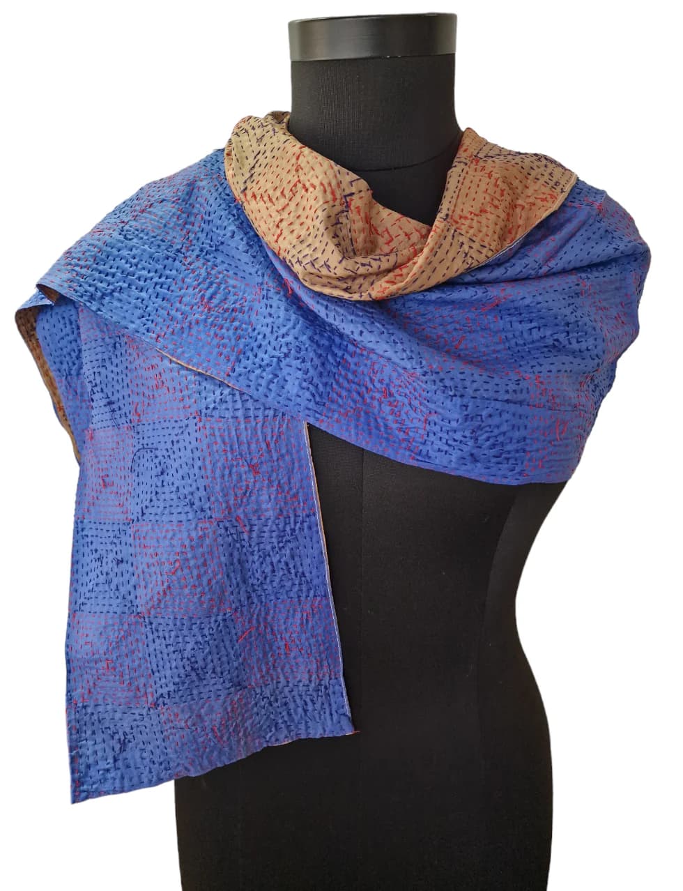 BLUE AND BEIGE SILK SCARF WITH HAND- EMBROIDERED SQUARE PATTERN