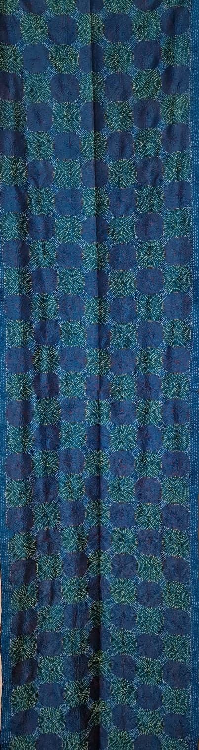 DOUBLE- SIDED HAND- EMBROIDERED BLUE AND YELLOW(ISH) SILK SCARF