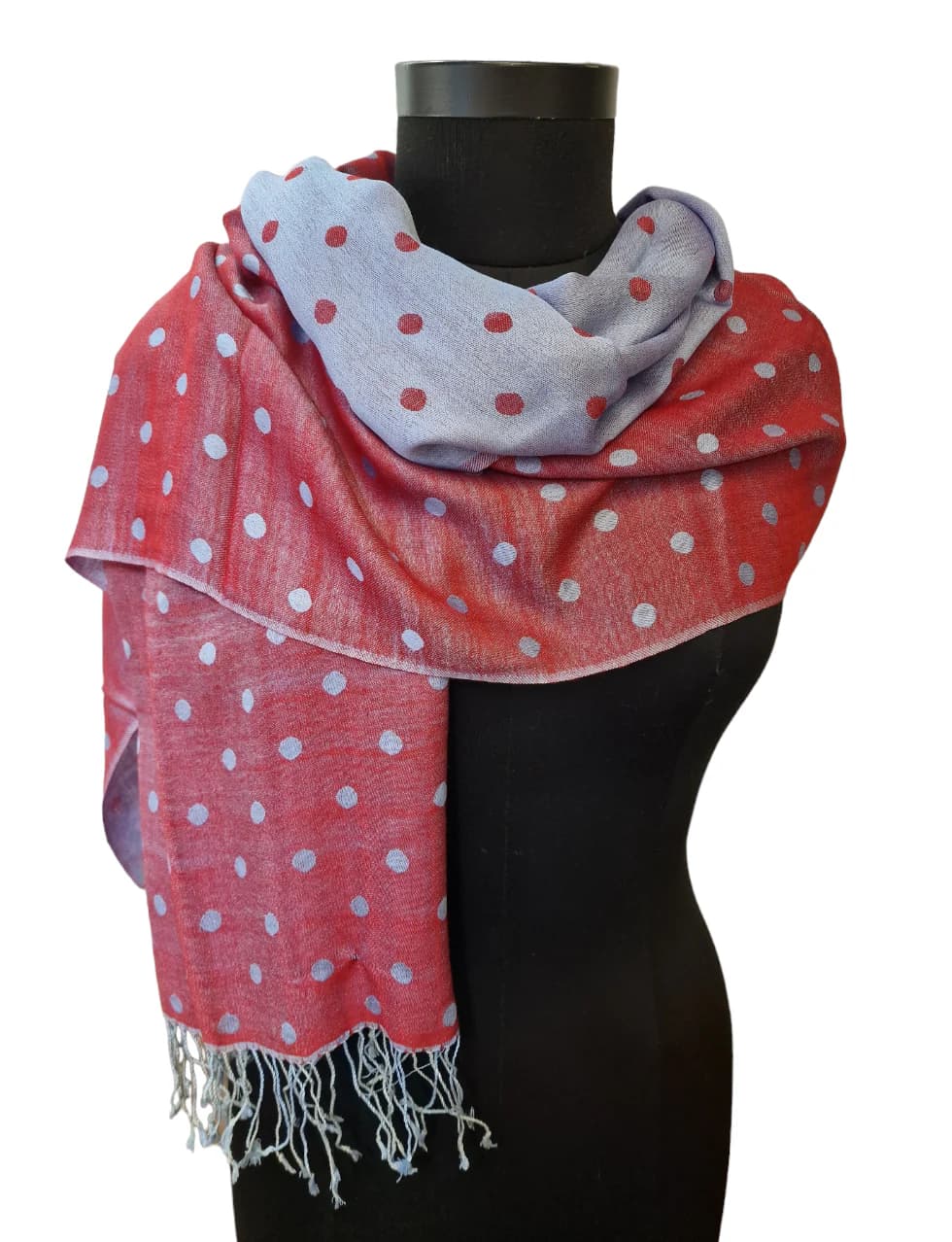 RASPBERRY AND GRAY SILK SCARF WITH POLKA DOTS