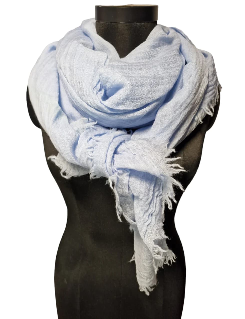 LARGE BRIGHT LIGHT BLUE WOOLEN SCARF WITH ROUGH FRINGES