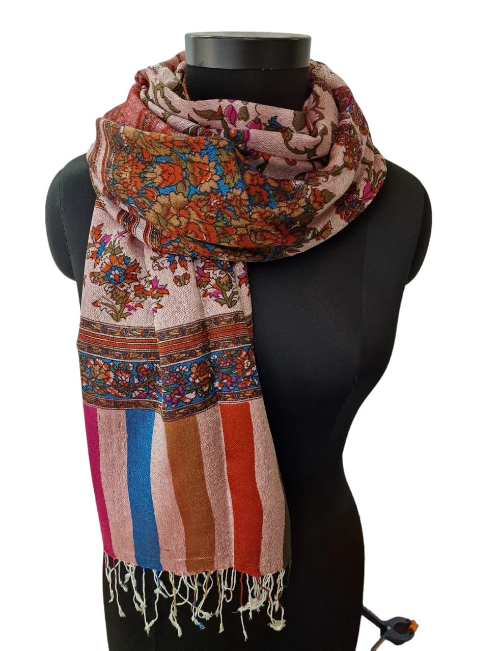 BEAUTIFUL CASHMERE/SILK SCARF IN WARM COLORS WITH SILK- SCREENED PATTERNS