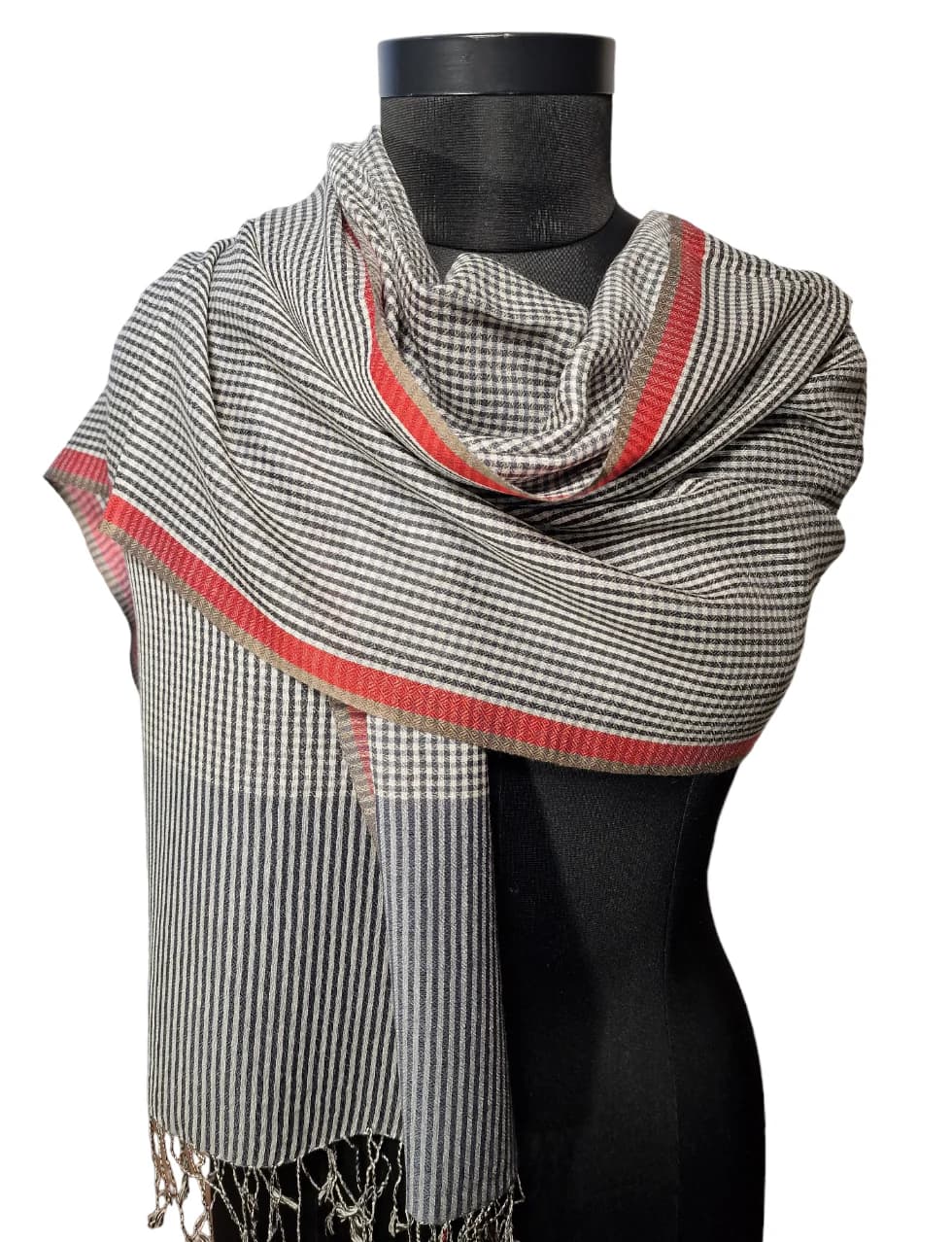 CASHMERE AND SILK SCARF WITH CHECKS AND STRIPES IN WHITE, BROWN AND GREY