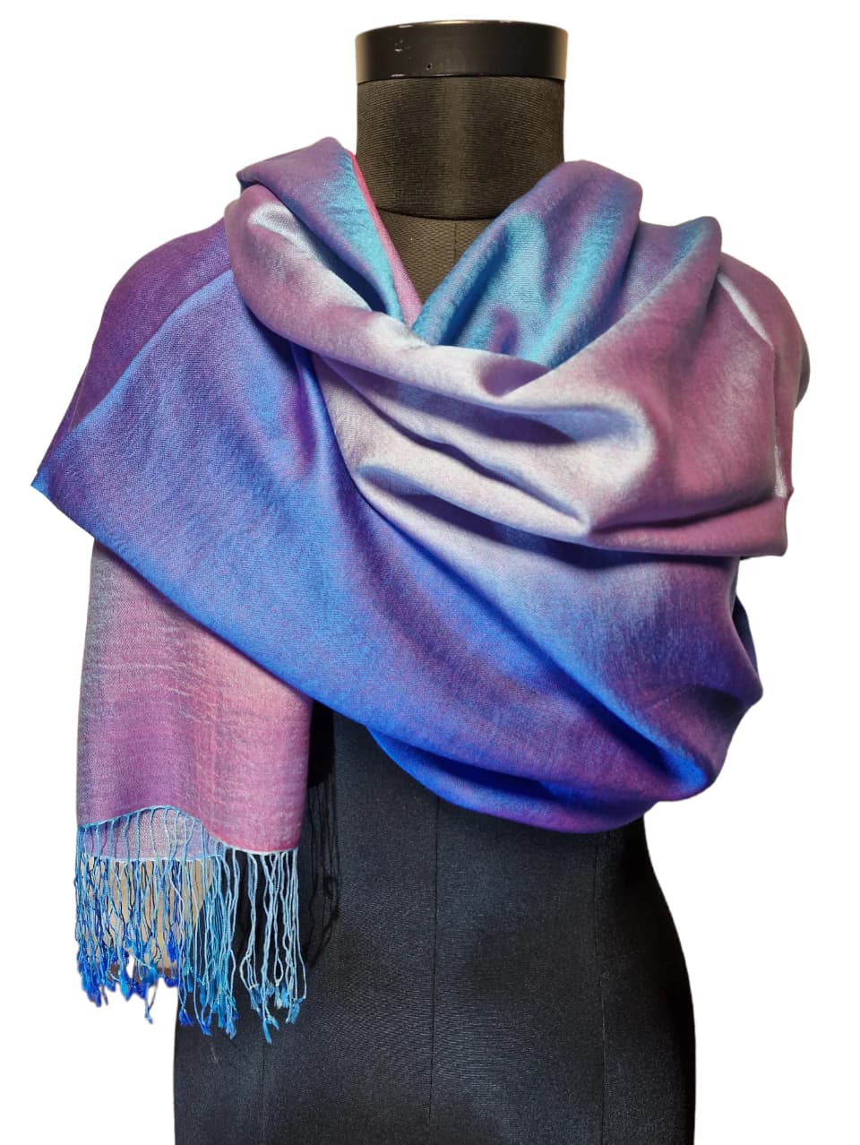 MULBERRY SILK AND CASHMERE SCARF IN RED/PINK/PURPLE AND BLUE