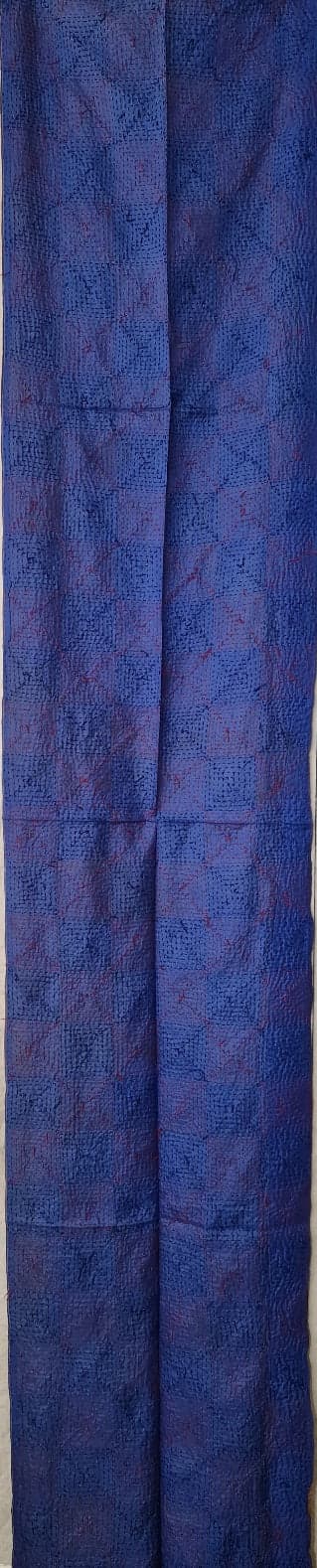 BLUE AND BEIGE SILK SCARF WITH HAND- EMBROIDERED SQUARE PATTERN