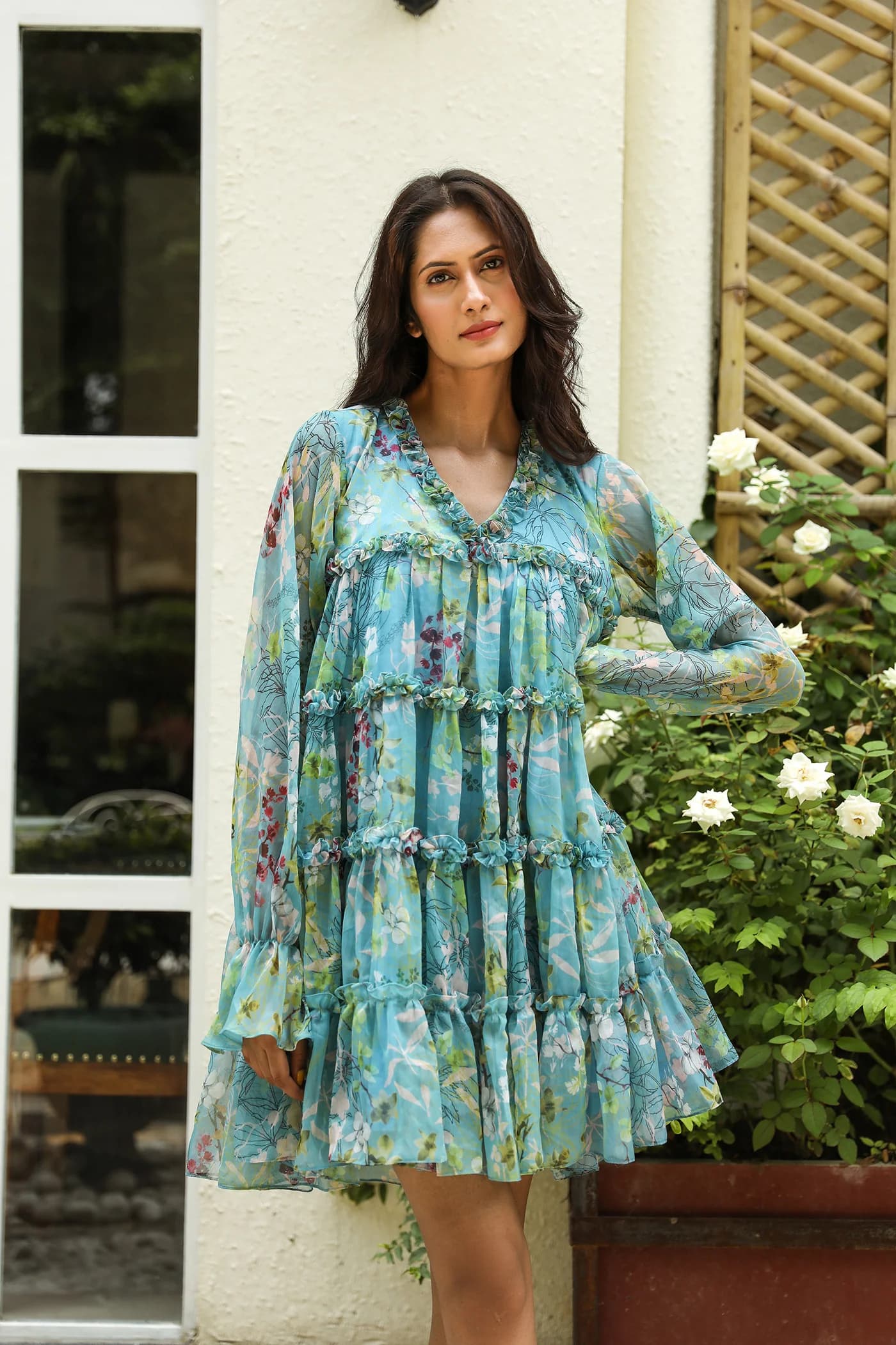 LIGHT BLUE  V NECK LINE SHORT TIERED DRESS