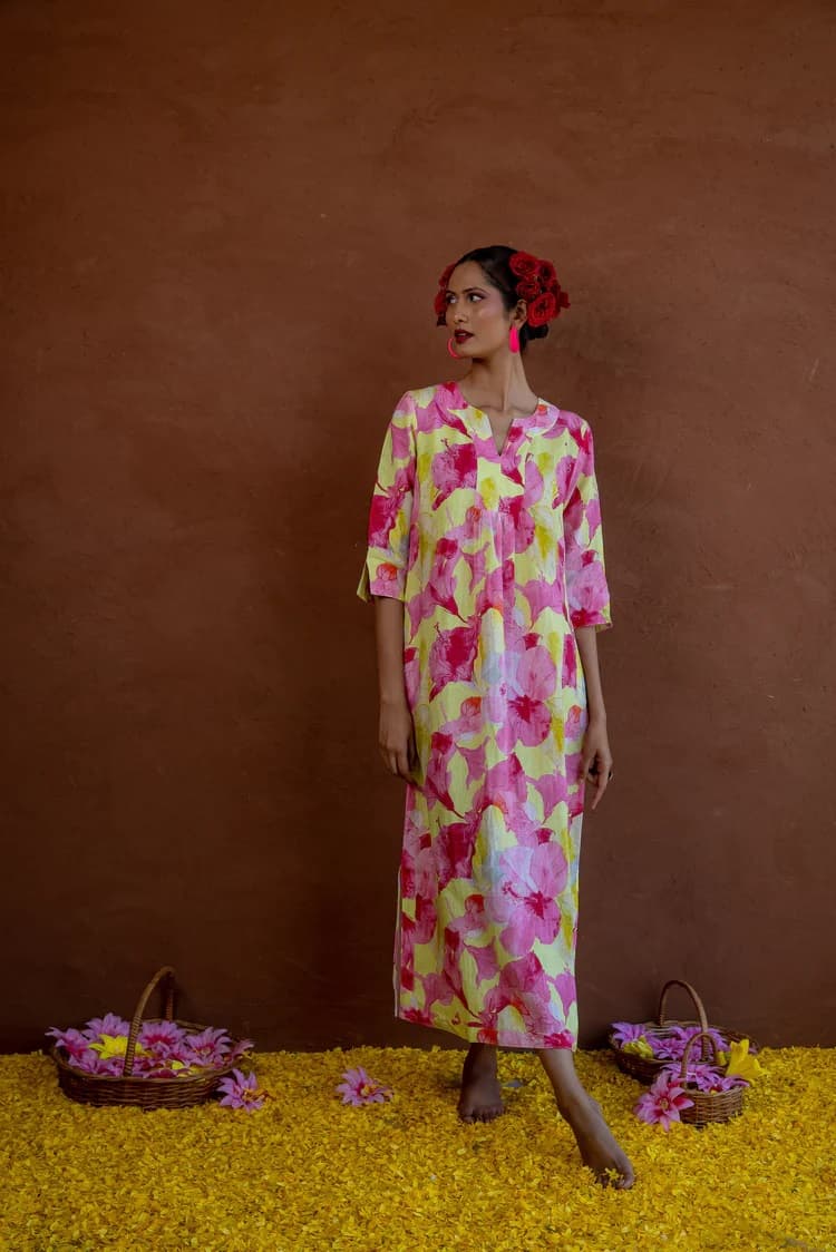 HIBISCUS HILL PRINT MAXI DRESS LINEN WHITE