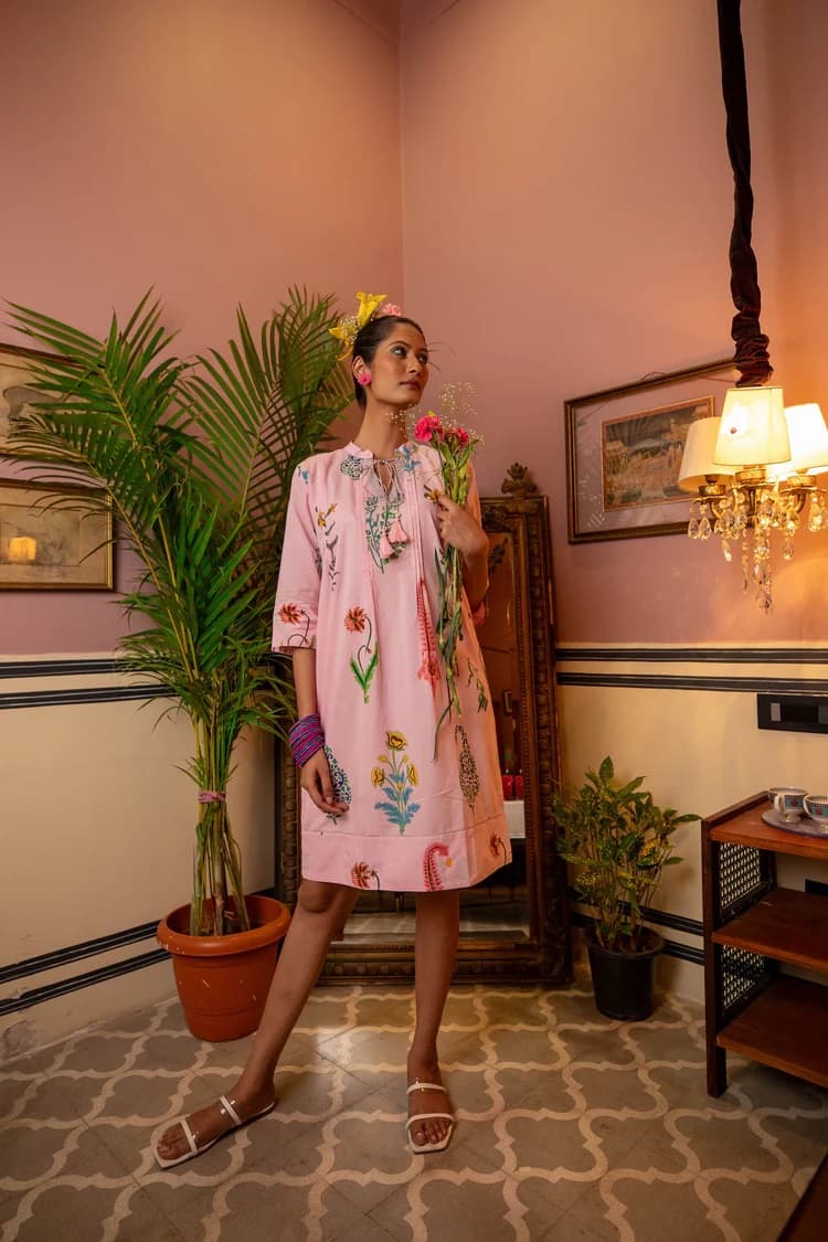 BOTANICAL TASSLE KURTA COTTON PERSIAN BLUE
