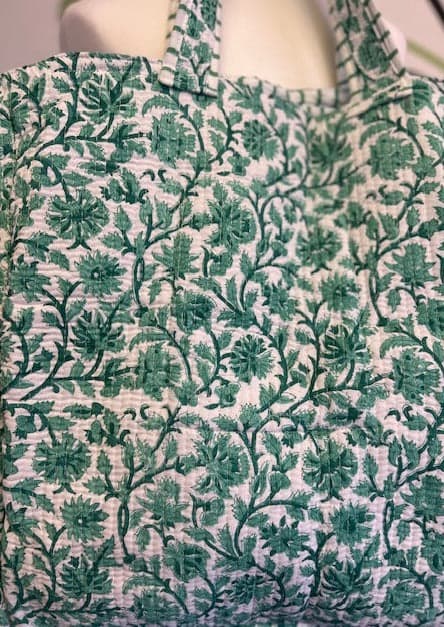 BEACH BAG, XL GREEN AND WHITE FLORAL PRINT TOTE BAG, LARGE COTTON BEACH BAG