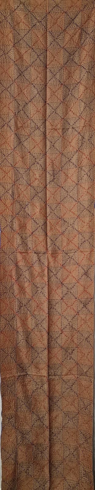 BLUE AND BEIGE SILK SCARF WITH HAND- EMBROIDERED SQUARE PATTERN