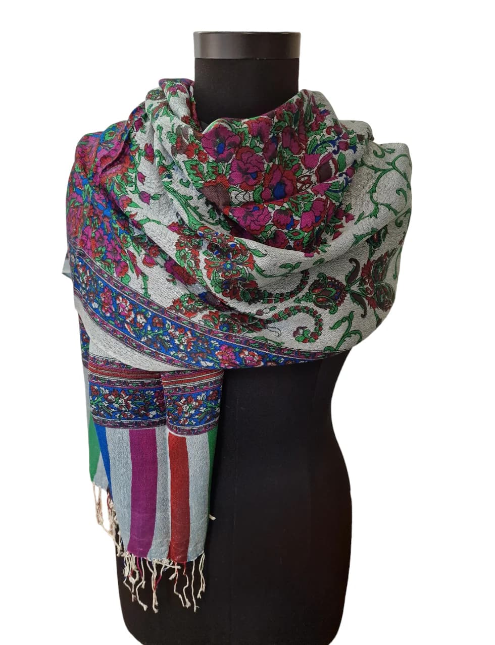 TWO-SIDED WHITE AND LIGHT GRAY CASHMERE/SILK SCARF WITH SCREEN PRINTED PATTERNS