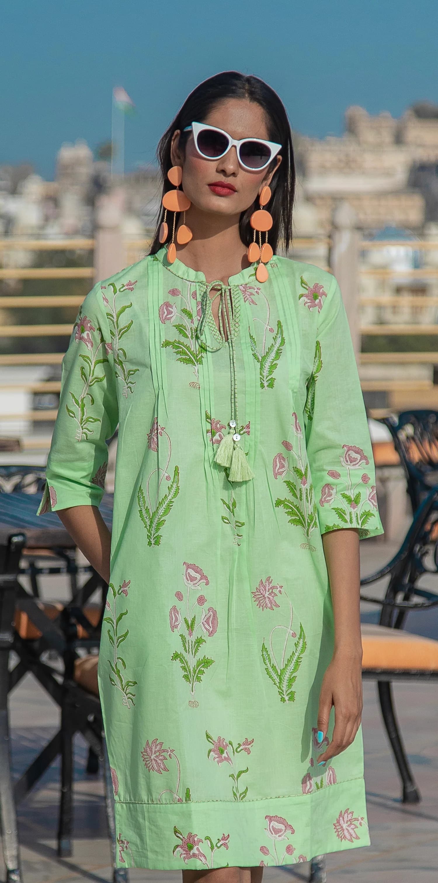 BOTANICAL TASSLE KURTA COTTON PERSIAN BLUE