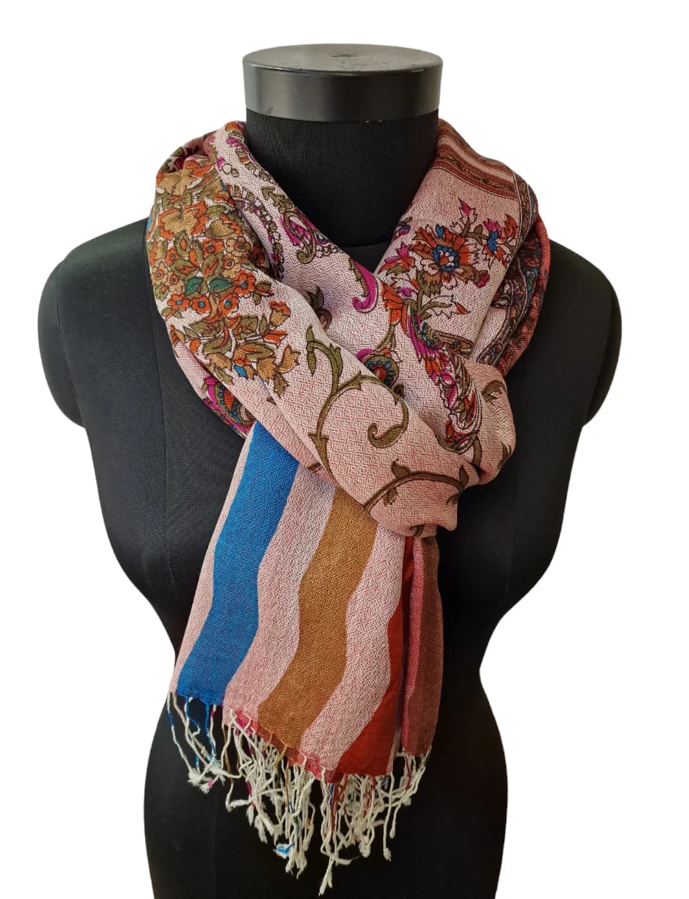 BEAUTIFUL CASHMERE/SILK SCARF IN WARM COLORS WITH SILK- SCREENED PATTERNS