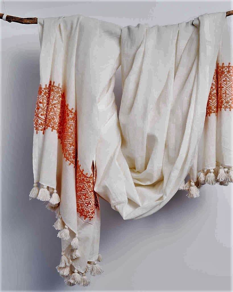 RED EMBROIDERY WITH TASSEL DESIGN COTTON SCARF