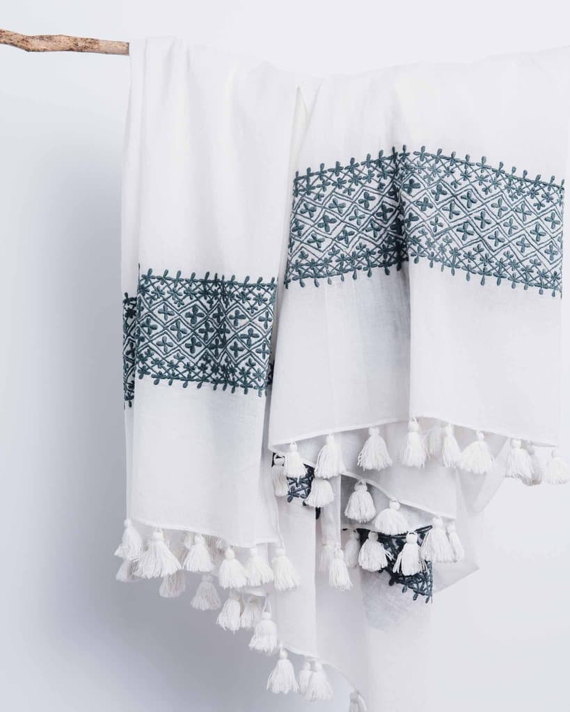 GREY EMBROIDERY WITH TASSEL DESIGN COTTON SCARF
