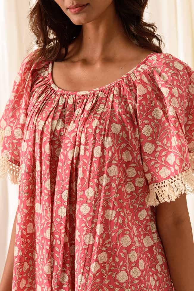 SHORT PRINTED DRESS WITH FRINGE SLEEVES