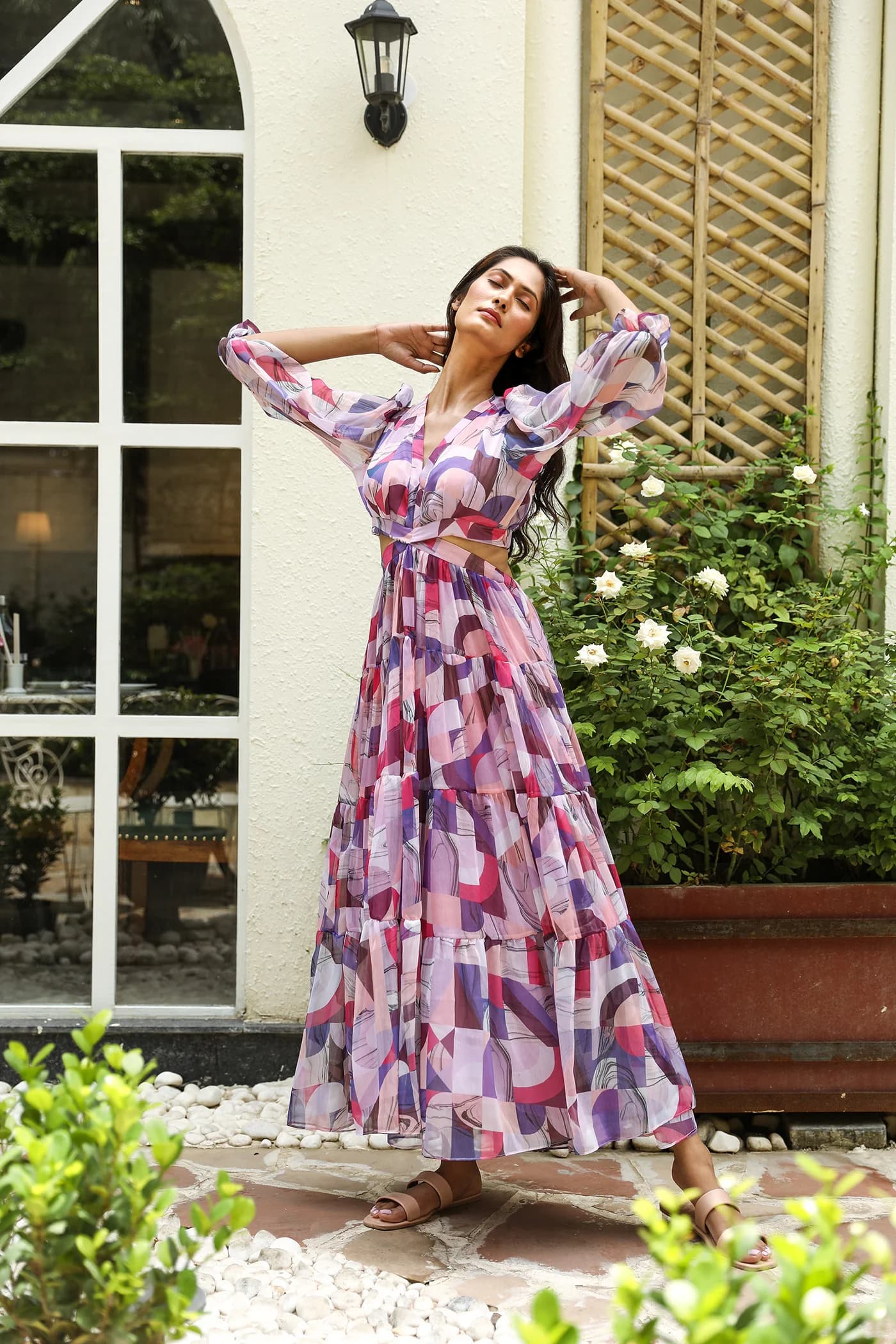 V NECK LINE LONG FLARE DRESS