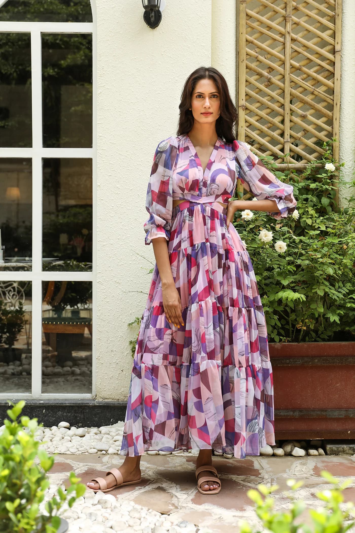 V NECK LINE LONG FLARE DRESS