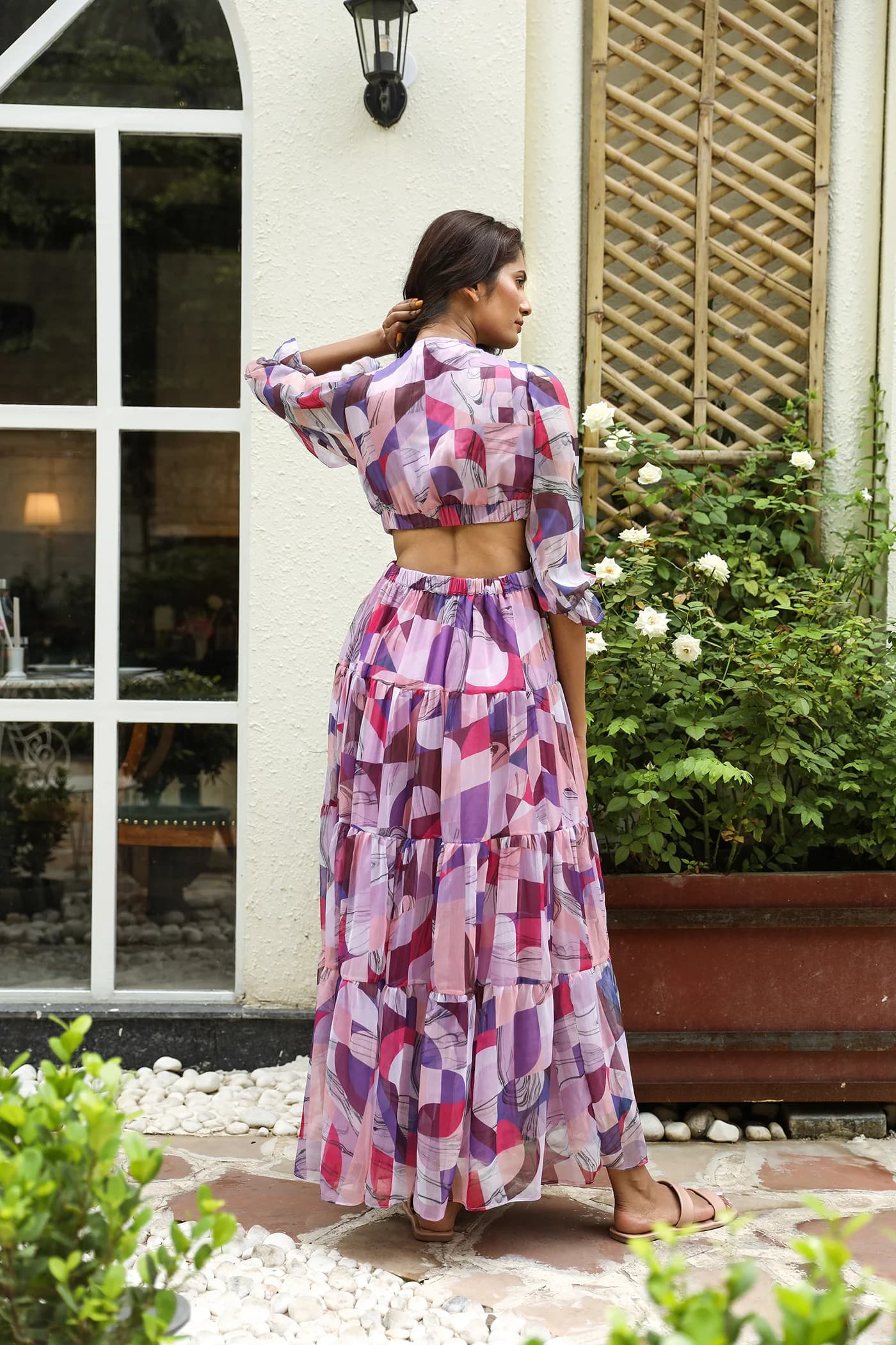 V NECK LINE LONG FLARE DRESS