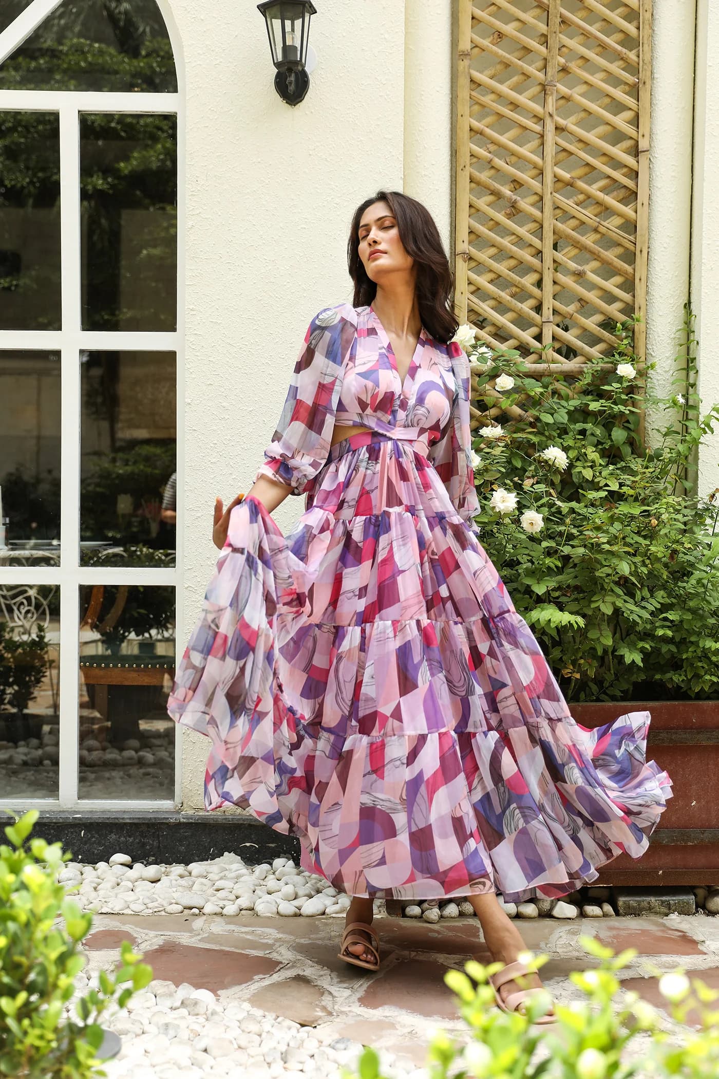 V NECK LINE LONG FLARE DRESS