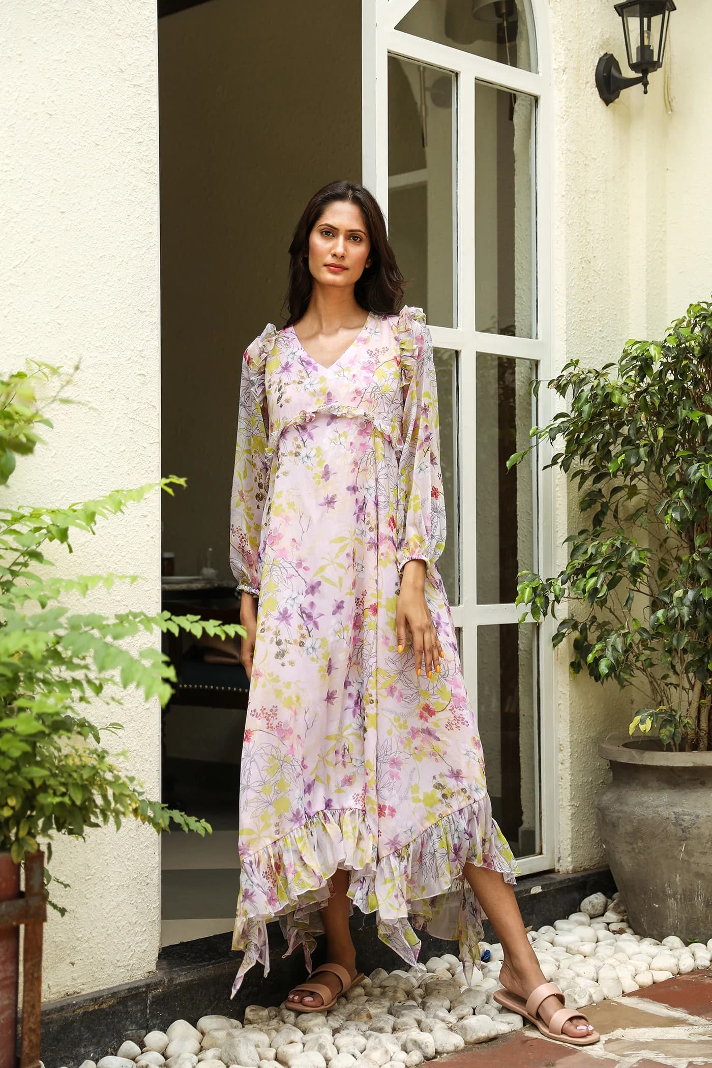 LIGHT PINK V NECK LONG FLARED DRESS