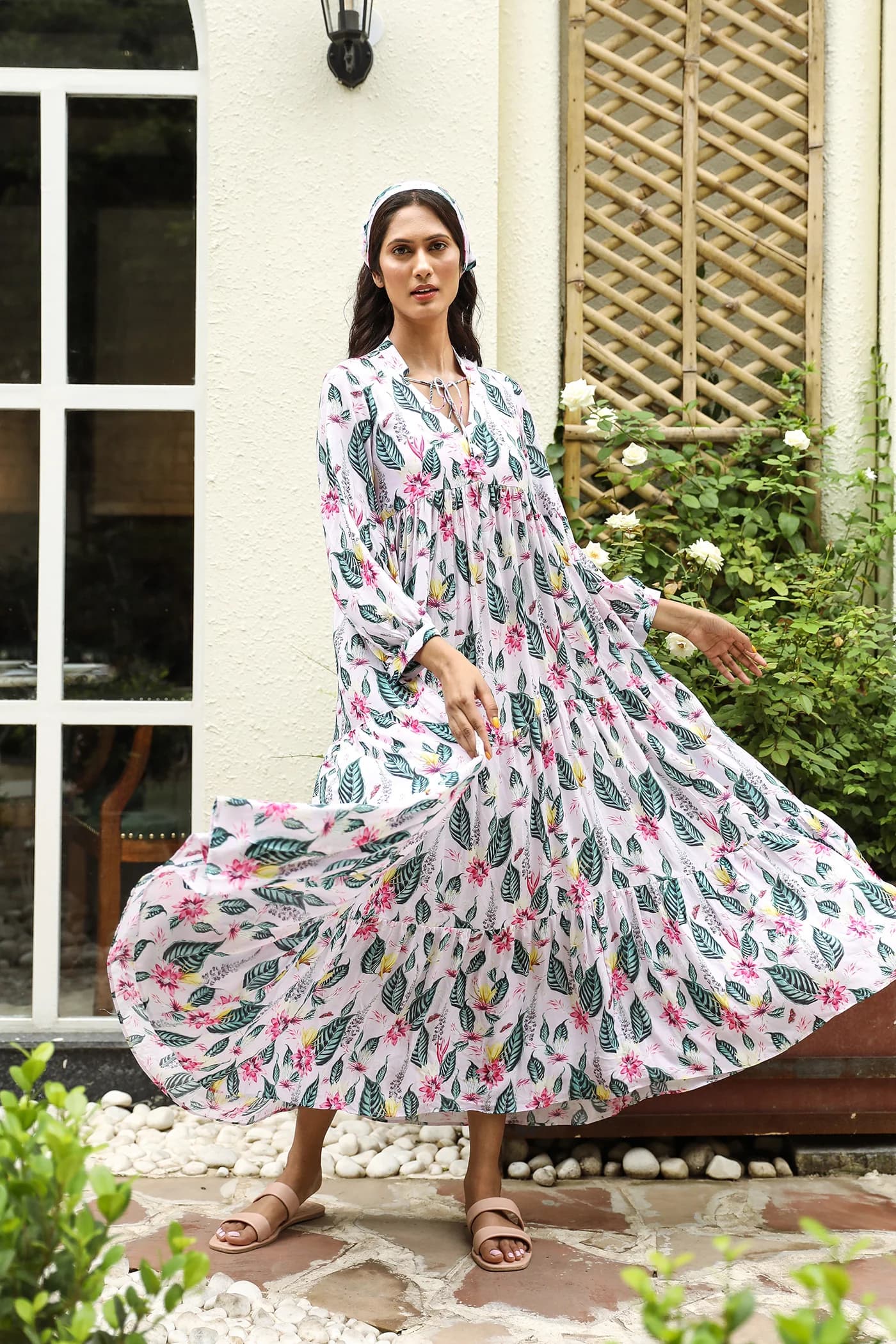 LEAF PRINT V NECK FLARED WRAP  DRESS