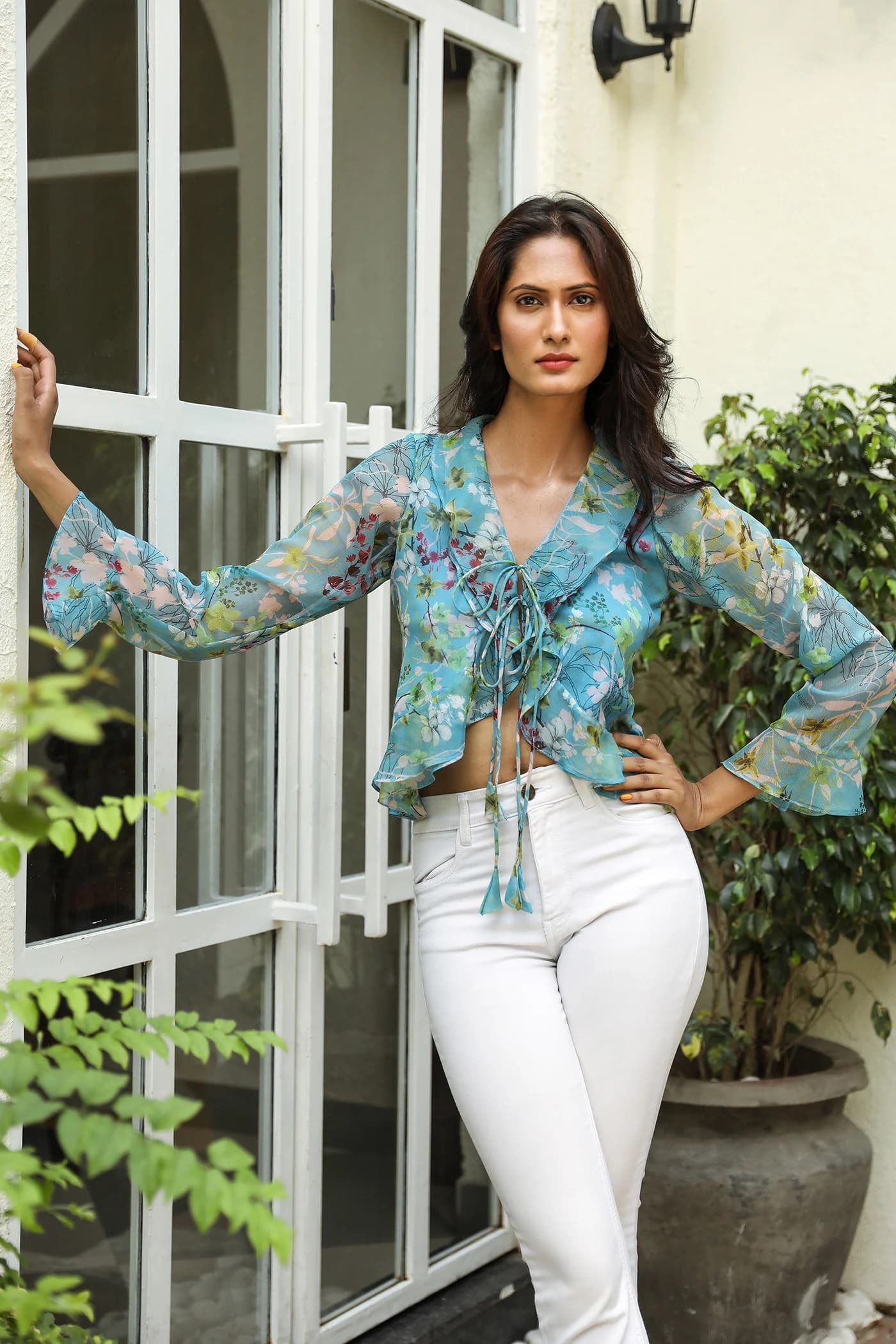 BLUE V NECK RUFFLES  TOP