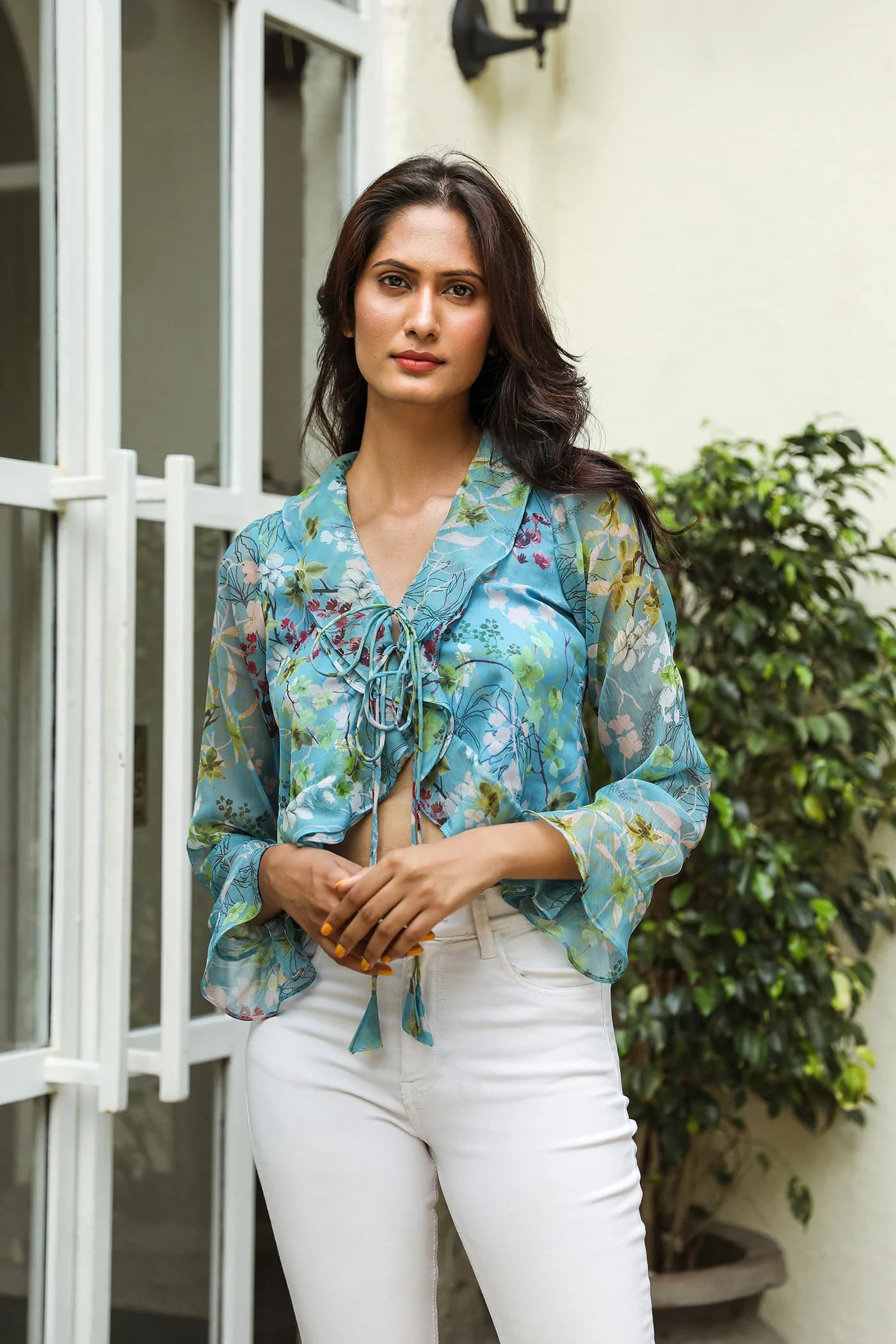 BLUE V NECK RUFFLES  TOP