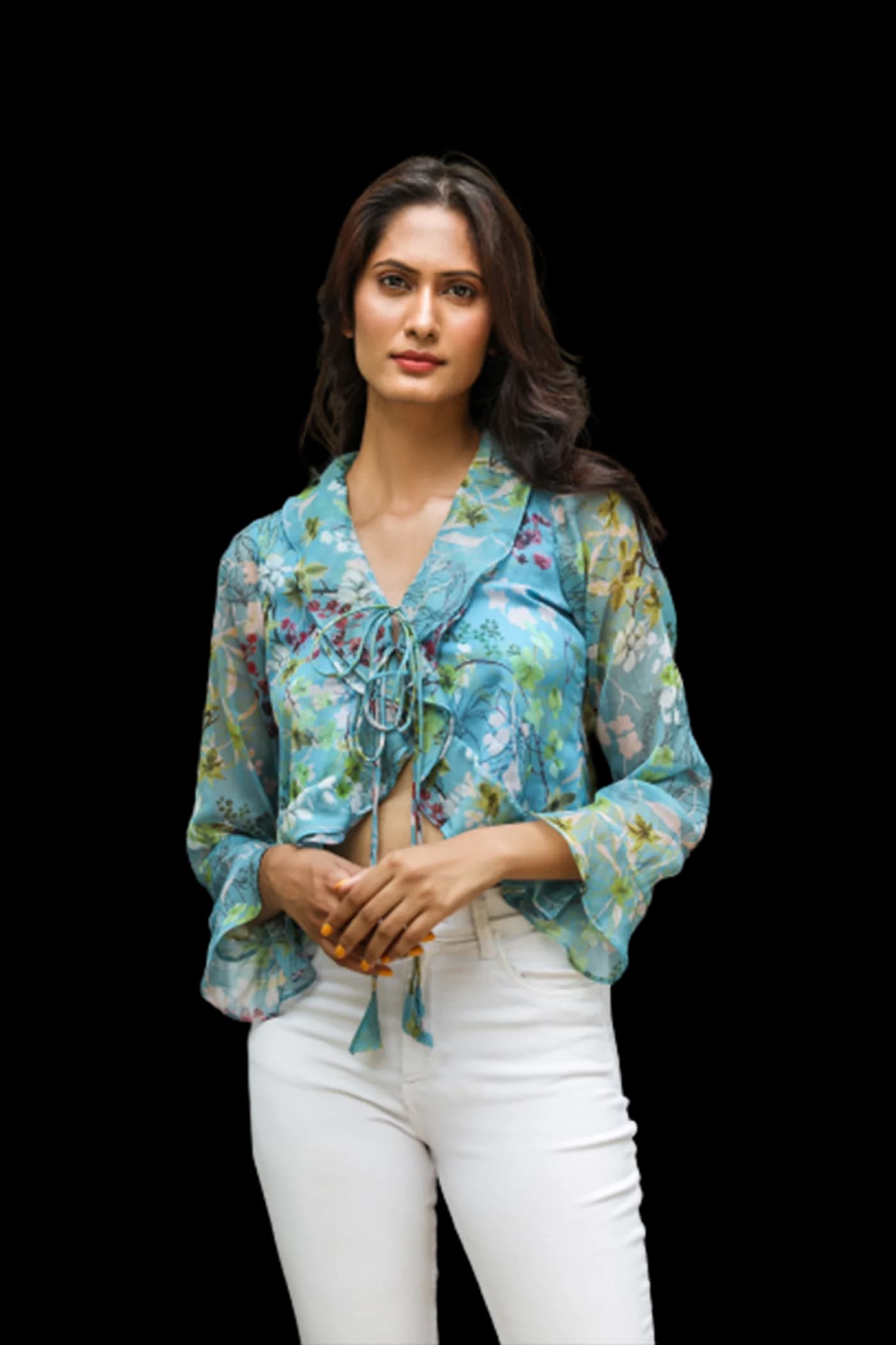 BLUE V NECK RUFFLES  TOP