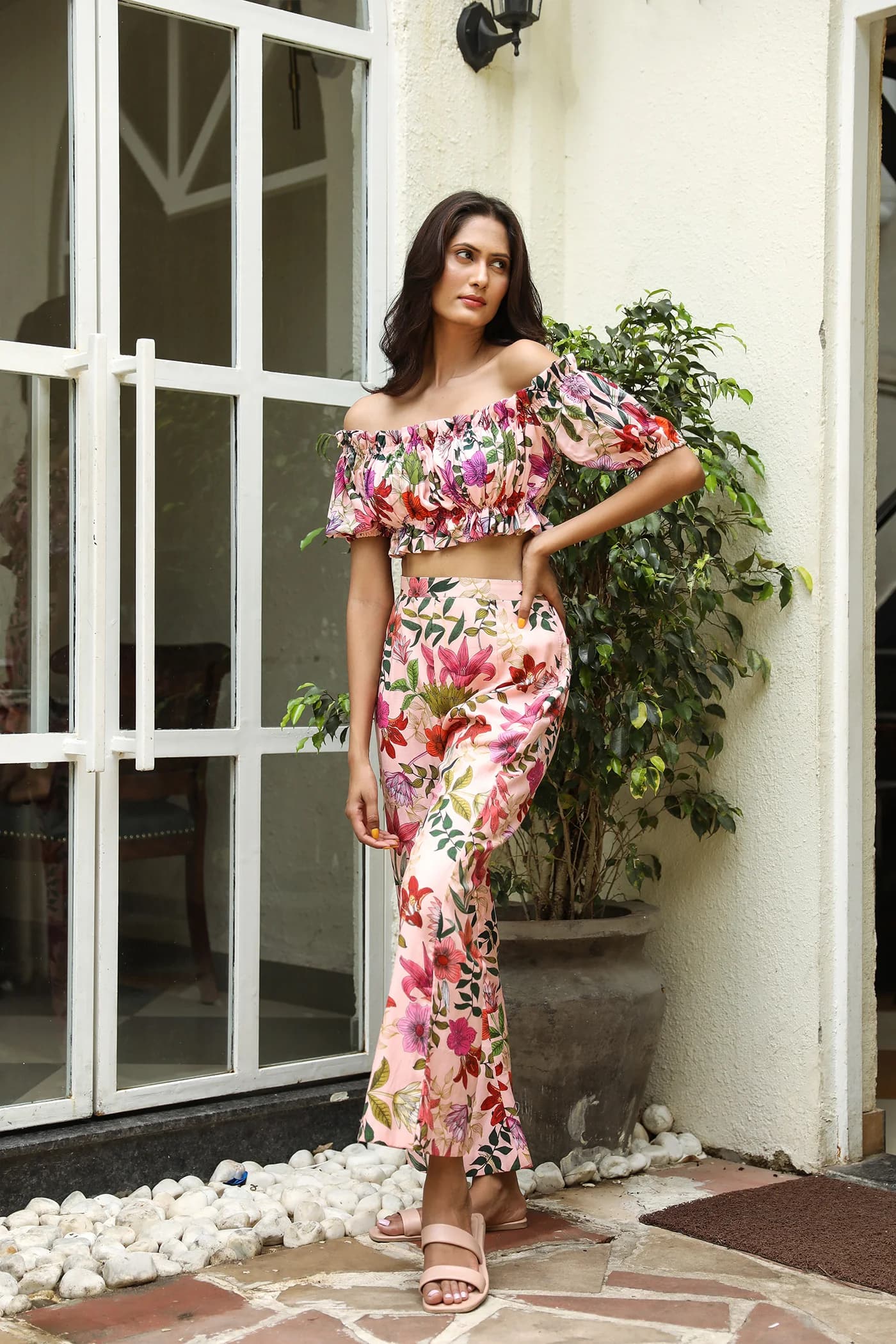 PINK FLOWER PRINT OFF SHOULDER TUBE TOP