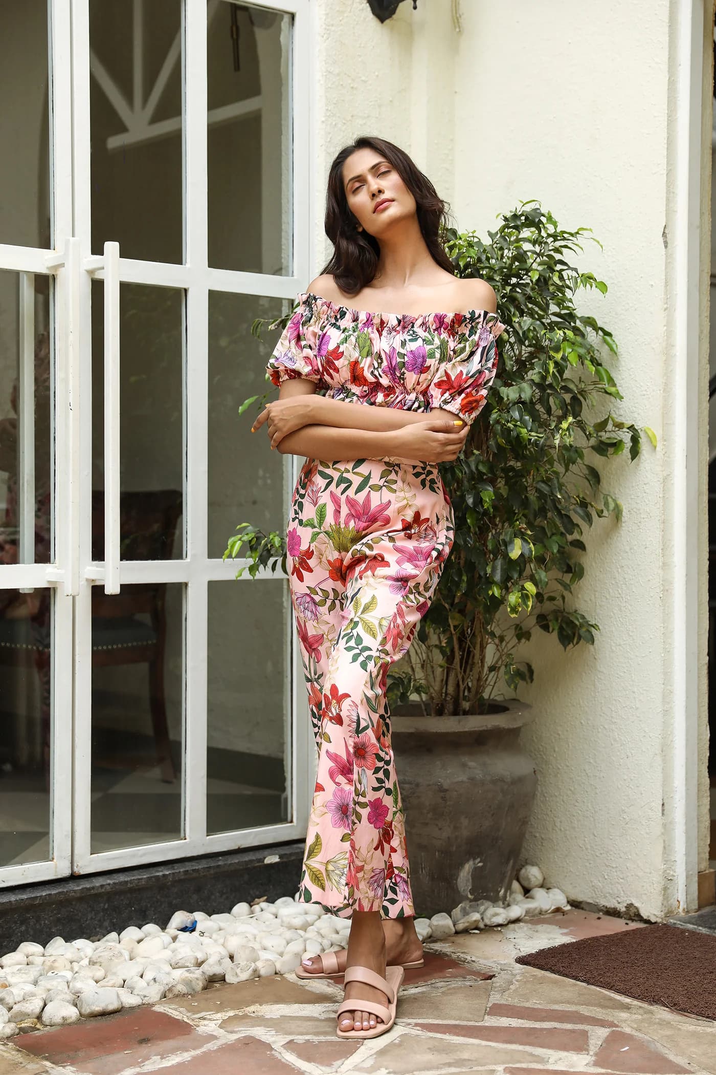 PINK FLOWER PRINT OFF SHOULDER TUBE TOP